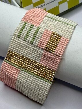 Plunder Beaded Cuff Bracelet in Pink, Ivory, Green & Gold